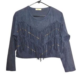 Lareine Blue Gray Boho Western Studded Fringe Long Sleeve Crop Top Size Small